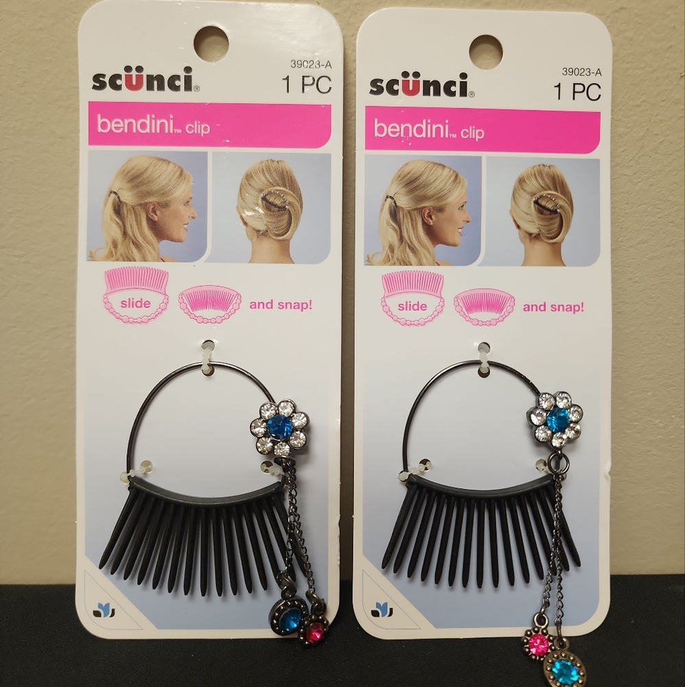 Set Of 2 Slide & Snap Scunci Bendini Clips With Flower Design & Jewels